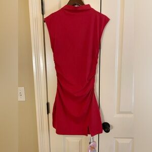 Red high neck cinched short dress